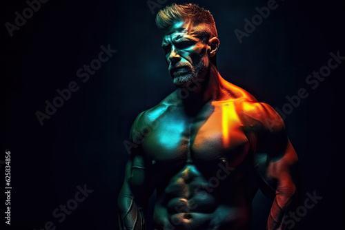 Sportive man bodybuilder is posing in the colorful neon light with naked muscular torso showing chest, abdominal muscles in neon studio light. Ai generated.