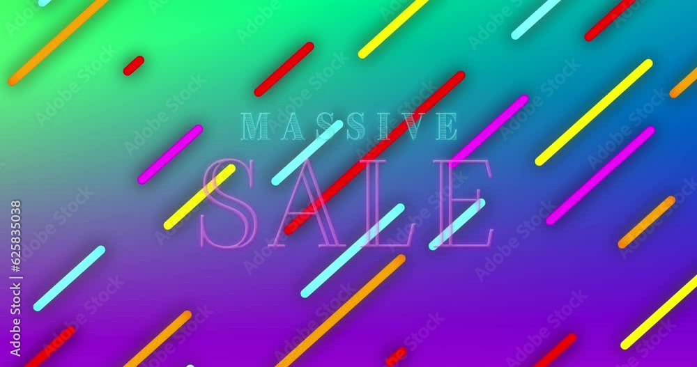 Animation of massive sale text and neon lines moving over green to purple background Animation of massive sale text and neon lines moving over green to purple background