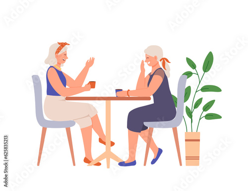 Adult ladies sitting in restaurant, drinking tea and talking. Vector characters having good time with friends. Meetings, shopping together. Flat vector illustration in cartoon style