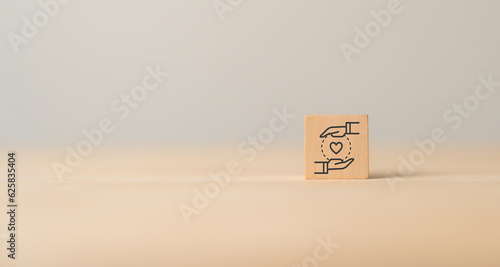 Customer relationship management (CRM) or customer loyalty concept. Customer satisfaction, retention strategies. CRM or customer loyalty program banner. Wooden cube blocks with loyalty, relation icon.