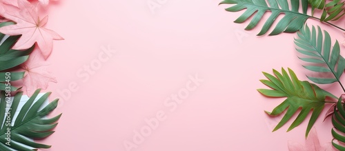 Photo of a vibrant pink background with lush green leaves and delicate pink flowers with copy space