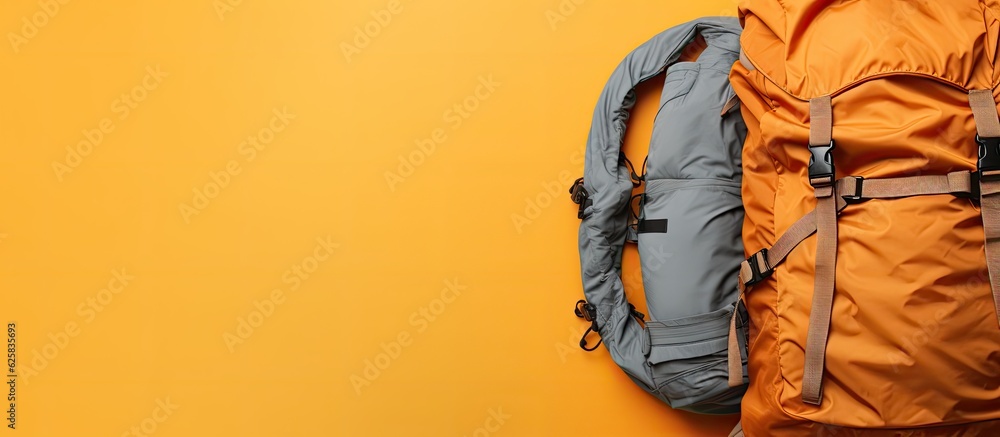 Photo of a backpack on a vibrant yellow wall with empty space for text or design with copy space Photo of a backpack on a vibrant yellow wall with empty space for text or design with copy space