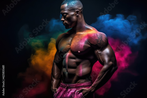 Muscular shirtless man with skin painted with Holi colors. Ai generated. © zamuruev