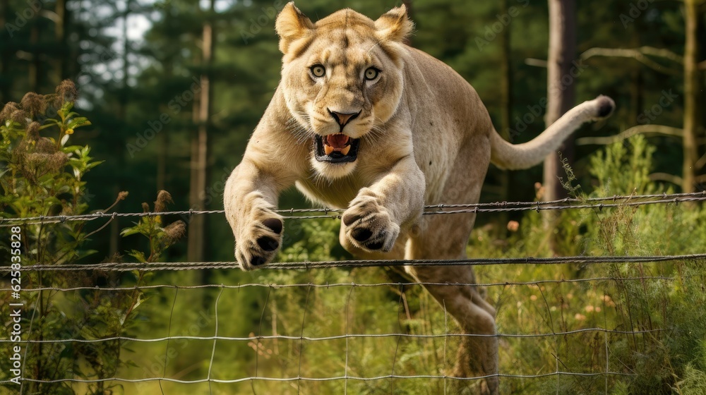 Obraz premium a lioness jumps over a fence, much forest, brandenburg, berlin