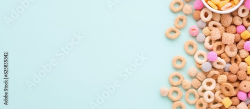 Photo of a bowl of cereal on a blue background with copy space with copy space