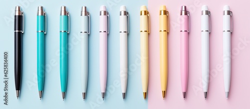 Photo of five colorful pens neatly arranged on a white background with copy space