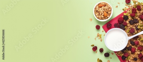 Photo of a healthy breakfast with granola and yogurt with copy space