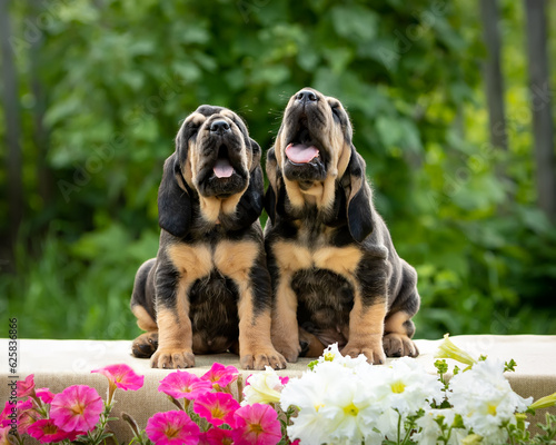 Portrait of two charming black bloodhound puppies sitting against the background of green bushes