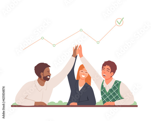 Happy team rejoices and high five. Growth and business development. Promotion at work. Growth of indicators, achievement goal, implementation of plan. Flat vector illustration