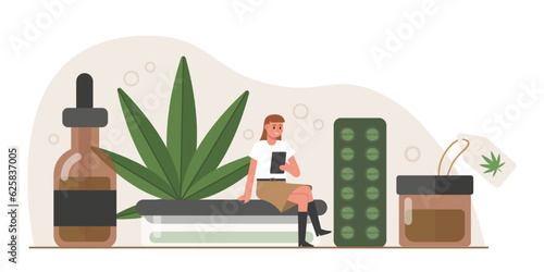 Female holding document and reading, sitting near cosmetic and medical products. Legalization of marijuana. Medical drug use. Allowed medicinal growth with drug addiction. Flat vector illustration