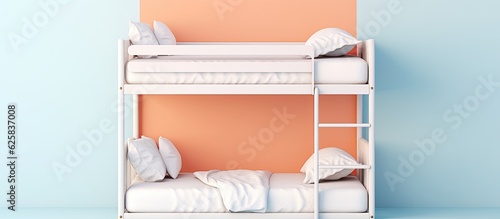 Photo of a white bunk bed against a vibrant blue wall, offering a cozy and stylish space for rest and relaxation with copy space photo