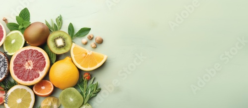 Photo of a variety of fresh fruits arranged on a table with copy space