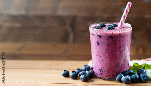 glass of fresh homemade blueberry smoothie with straw on wooden table. Protein cocktail. Healthy drink