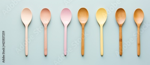 Photo of six spoons arranged in a neat row on a vibrant blue background with copy space © HN Works