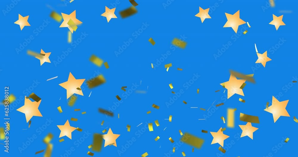 Animation of gold confetti and stars falling over blue background Animation of gold confetti and stars falling over blue background