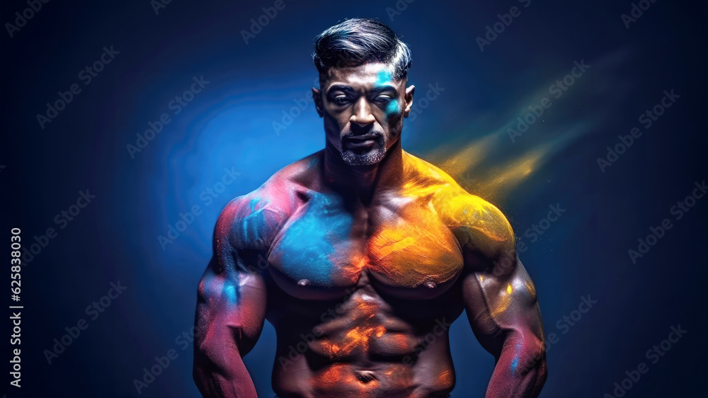 Muscular shirtless man with skin painted with Holi colors. Ai generated.