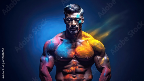 Muscular shirtless man with skin painted with Holi colors. Ai generated.