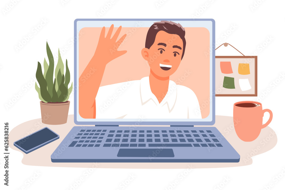 Human calling friend online via laptop, online date. Vector characters greet each other during online communication. Online meeting, video conference with several participants. Flat vector Human calling friend online via laptop, online date. Vector characters greet each other during online communication. Online meeting, video conference with several participants. Flat vector