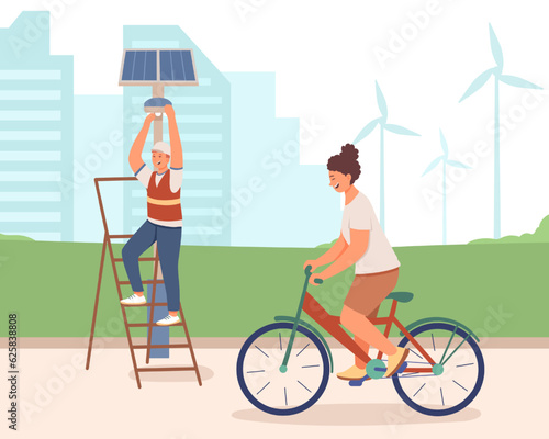 Man repairing solar panel, lady riding bike. Consumption of solar panel outside. Concept of rational use of natural energy for domestic needs. Eco-technology for electricity generation. Flat vector