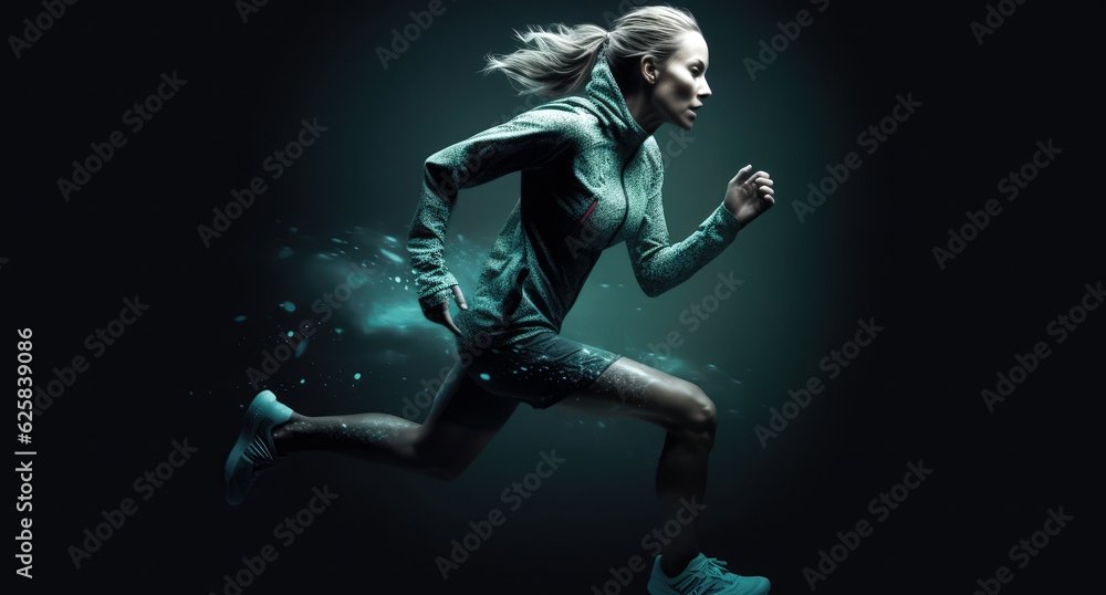 Woman sprinter leaving starting. Exploding start. Ai generated. Woman sprinter leaving starting. Exploding start. Ai generated.