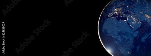 Earth at night from space on black background banner. Elements of this image furnished by NASA.