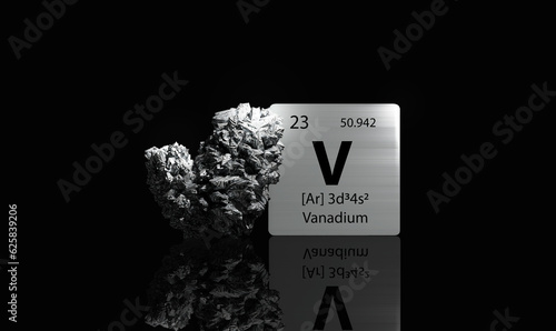 Vanadium element on a metal periodic table with silvery grey metamictic Vanadium on dark background. 3D rendered icon and illustration.