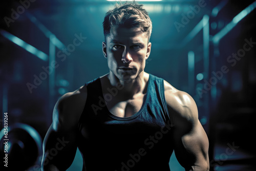 Bodybuilder athlet man pumping up muscles in the gym. Brutal strong muscular guy on fitness workout. Bodybuilding concept. Ai generated.