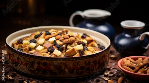A detailed shot of a bread pudding served on a ceramic dish, with a backdrop of a rustic kitchen setting