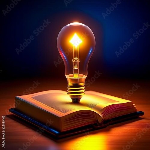 A glowing light bulb stands on an open book. AI generated.