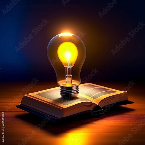 A glowing light bulb stands on an open book. AI generated.