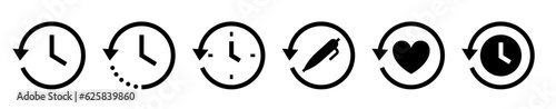 History past events vector icon set. Account history icons. Clock go back in time. Circle past time backward arrow black. Clock, time icons. Vector illustration