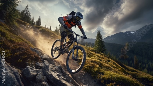 Active male cyclist riding bike on a mountain. Generative AI © kardaska
