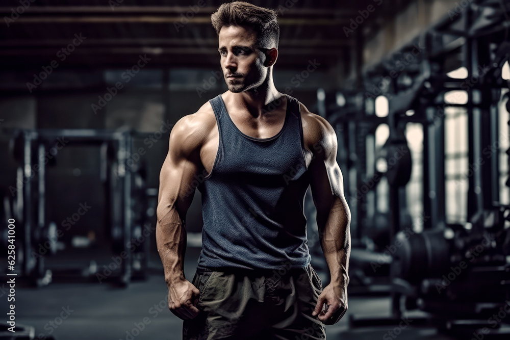 Bodybuilder athlet man pumping up muscles in the gym. Brutal strong muscular guy on fitness workout. Bodybuilding concept. Ai generated. Bodybuilder athlet man pumping up muscles in the gym. Brutal strong muscular guy on fitness workout. Bodybuilding concept. Ai generated.