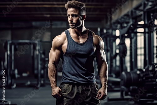 Bodybuilder athlet man pumping up muscles in the gym. Brutal strong muscular guy on fitness workout. Bodybuilding concept. Ai generated.