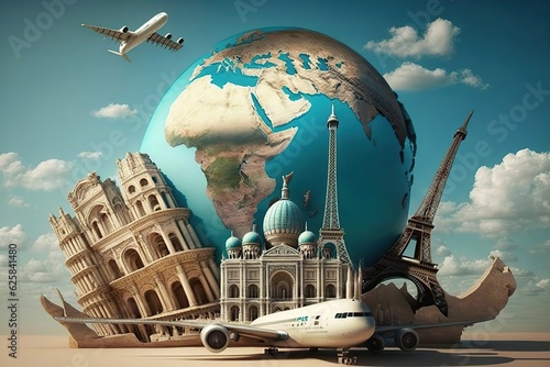 world tourism day with landmarks and transport. Generative AI