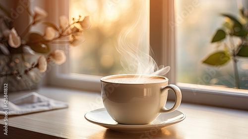 A cup of tea or milk with melatonin near a window.