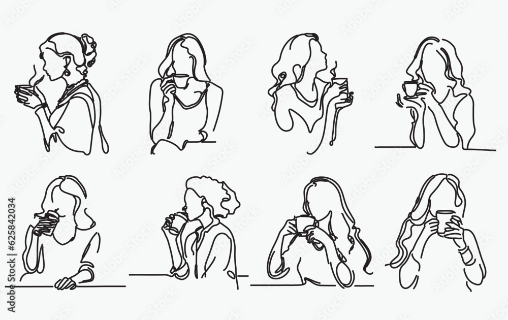A beautiful girl with long hair having coffee line art vector illustration set 