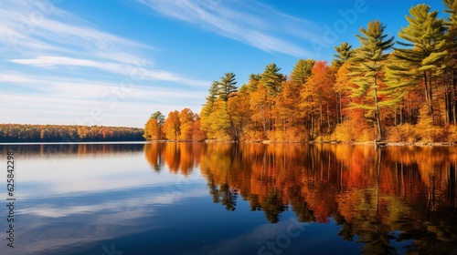 autumn trees reflected in water landscape background