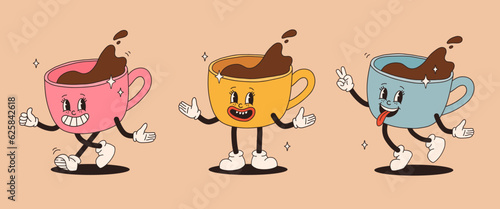 Retro cartoon coffee cup character set. Mug mascot in different poses. 70s-80s groovy contour vector illustration. Espresso black coffee cup.