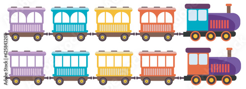 Toy train with colored wagons for childrens, two different style kids train set, Toy train cartoon vector illustration for kids.
