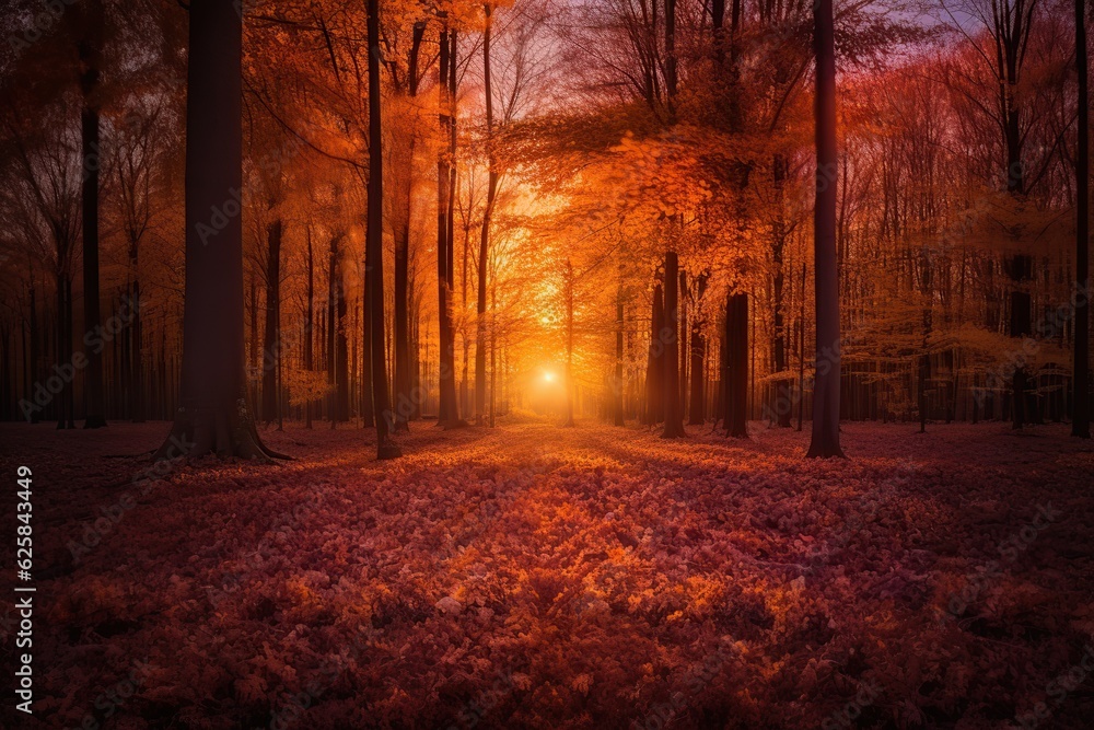Forest in autumn at sunset. Generative AI
