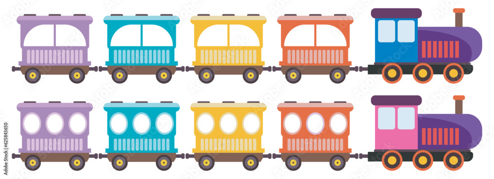 Kids toy train with color wagons, two different style kids train set, Toy train cartoon vector illustration. - obrazy, fototapety, plakaty 