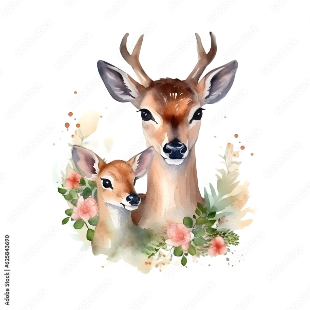 Fototapeta premium Watercolor deer with baby.