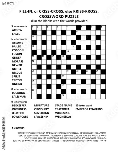 Large print quick style criss-coss (or fill-in, else kriss-kross) crossword puzzle game of 15x15 grid. Non-themed, general knowledge family friendly content. Answer included.
 photo