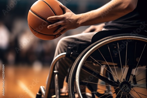 Man in wheelchairs playing basketball. Generative AI © Marcela Ruty Romero
