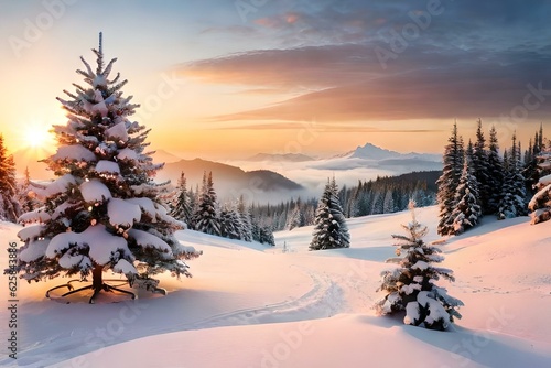 winter sunset in the mountains AI Generated © SadiGrapher