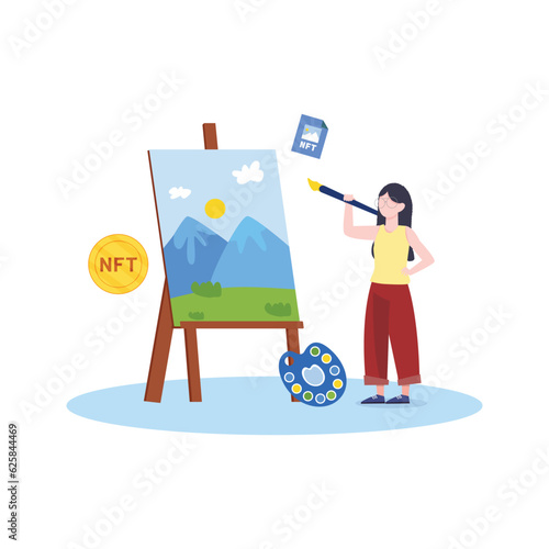 NFT concept. People creating buying and working with crypto art. Non-fungible token auction. Unique masterpieces markets. Persons paying for artworks with phones.