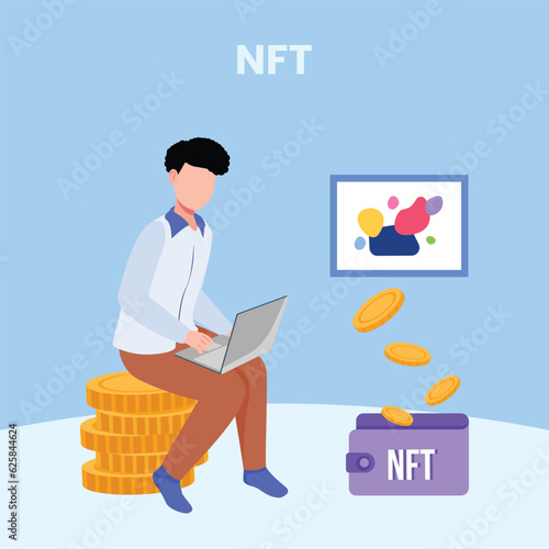 NFT concept. People creating buying and working with crypto art. Non-fungible token auction. Unique masterpieces markets. Persons paying for artworks with phones.