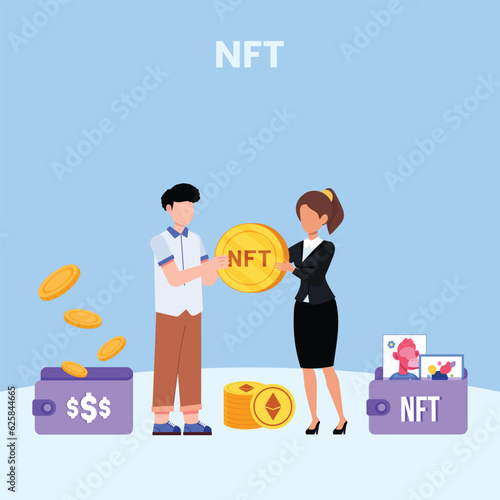 NFT concept. People creating buying and working with crypto art. Non-fungible token auction. Unique masterpieces markets. Persons paying for artworks with phones.