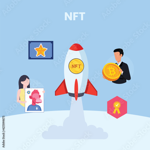 NFT concept. People creating buying and working with crypto art. Non-fungible token auction. Unique masterpieces markets. Persons paying for artworks with phones.